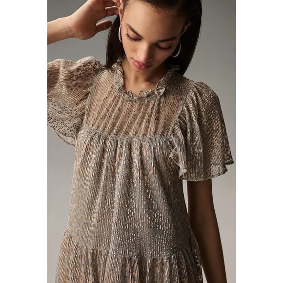 New By Anthropologie Short-Sleeve Mock-Neck Maxi Dress $178 SMALL Silver & Gold - Picture 2 of 5